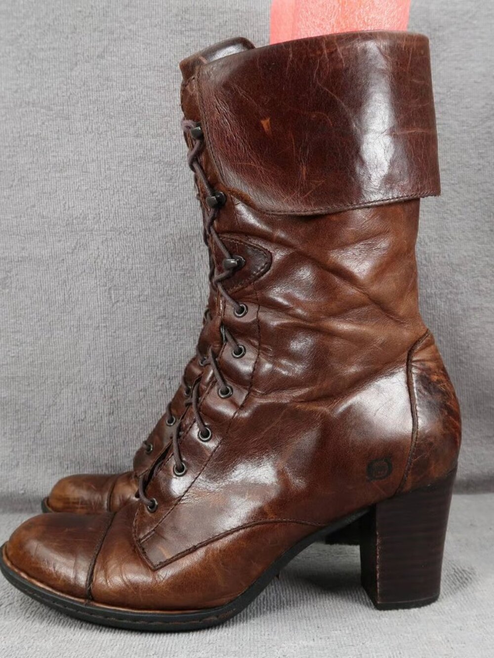 Born Brown Leather Lace Up Fold Over Side Zip Heeled Combat Moto Boot - 9.5 - Picture 15 of 16